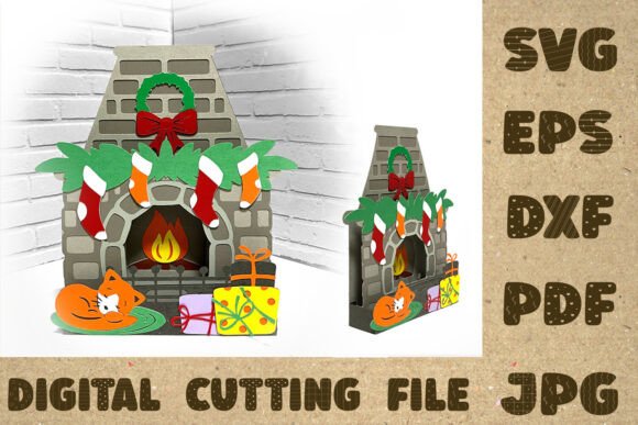 Christmas Cat Fireplace 3D SVG Wreath