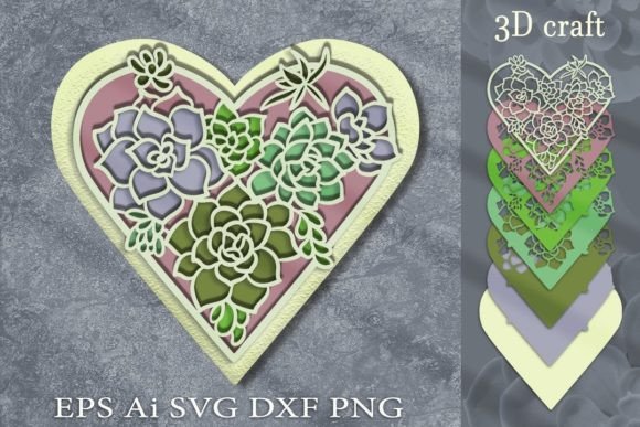Heart with Succulents. 3D SVG Shapes