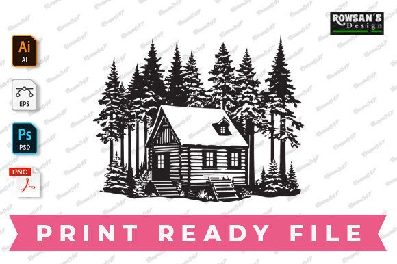 House in Forest Layered Svg: Graphics for Print Templates